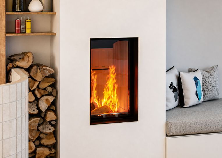 Detailansicht des brennenden Kaminfeuers im hohen Brennraum des Spartherm Varia 1Vh 66 mit eleganter schwarzer Metallumrahmung.