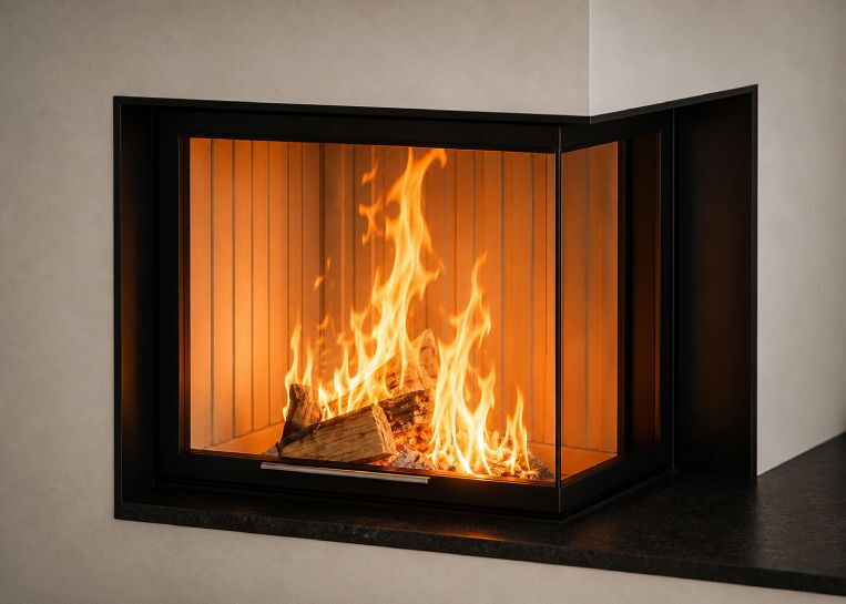 Nahaufnahme des lodernden Holzfeuers hinter der Ecksichtscheibe, die von einer eleganten schwarzen Metallblende eingerahmt wird.
