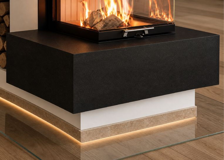 Detailansicht des Kamin-Sockels mit indirekter LED-Beleuchtung und dem hochwertigen Feuertischblock aus dunklem Feinsteinzeug.